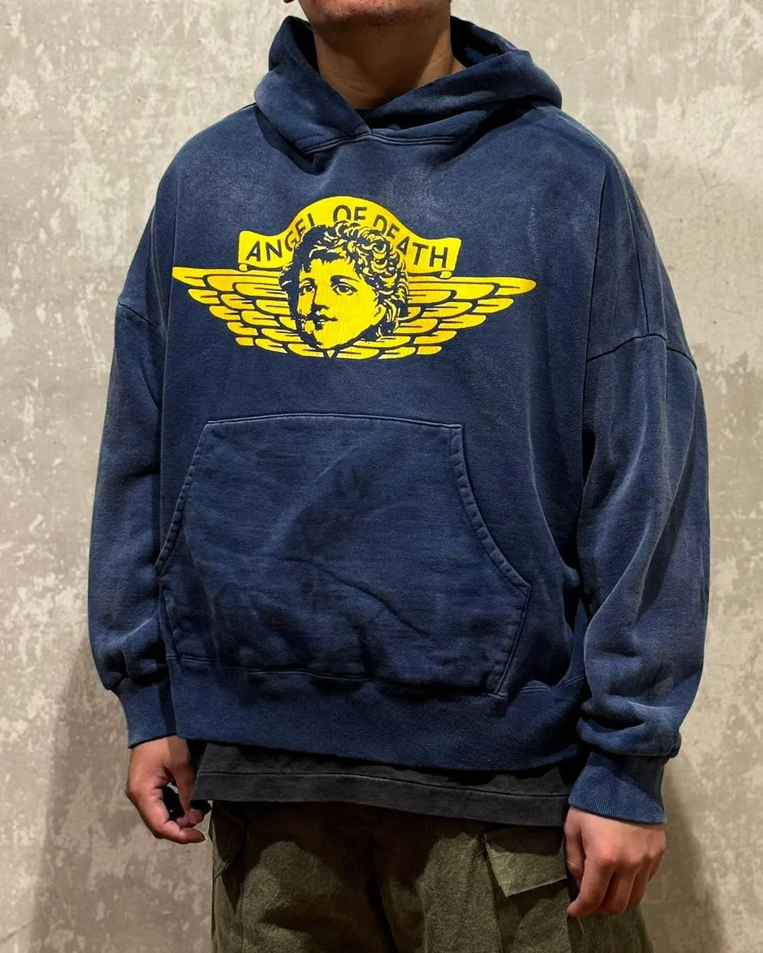 SAINT M×××××× ANGEL HOODIE/NAVY Angel Reborn Blue Hoodie Washed Blue S-XL Assute Garment Dyeing Full Clothes Water Fading Mud Dyeing Dirty Distress New Vintage Ceiling God Tailoring Original Super Loose Fit Customized Original Accessories God-level Print Restoration